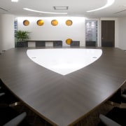 view of the boardroom which features a sail-shaped architecture, ceiling, floor, furniture, interior design, office, product design, table, gray, black