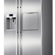 Image of the new Samsung g series side home appliance, kitchen appliance, major appliance, product, product design, refrigerator, gray, white