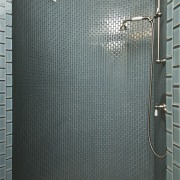 View of shower enclosure which features tiling, shower bathroom, plumbing fixture, room, shower, tile, gray, black