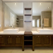 Image of the bathroom which the vanities have bathroom, cabinetry, countertop, interior design, room, sink, brown, gray