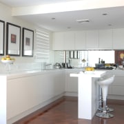 View of a penthouse kitchen which was designed cabinetry, countertop, cuisine classique, interior design, kitchen, real estate, room, white, gray