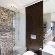 View of shower enclosure beside the toilet and architecture, bathroom, home, interior design, plumbing fixture, room, white, gray