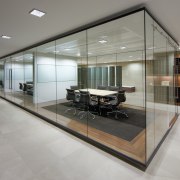 Interior view of offices where the interior fit-out ceiling, floor, flooring, glass, interior design, lobby, real estate, window, gray