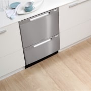 View of a kitchen with Fisher &amp; Paykel's chest of drawers, drawer, floor, flooring, furniture, hardwood, laminate flooring, product, product design, sideboard, tile, wood, wood flooring, wood stain, white