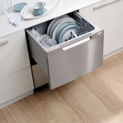 View of a kitchen with Fisher &amp; Paykel's chest of drawers, drawer, floor, flooring, furniture, product, product design, gray