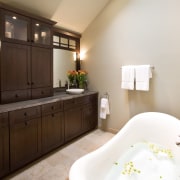Image of this new bathroom featuring dark stained bathroom, home, interior design, room, white, brown