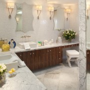 view of bathroom which features L-shaped vanity, cantilevered bathroom, countertop, home, interior design, room, gray