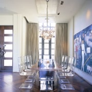 View of dining area which features dining table ceiling, chair, dining room, floor, flooring, furniture, interior design, living room, room, table, gray
