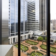 View of the Bishops See garden visable from apartment, architecture, building, commercial building, condominium, corporate headquarters, daylighting, facade, glass, mixed use, real estate, window, black, white