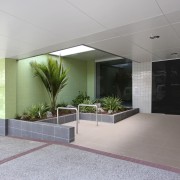 Exterior view of the entrance way of the glass, interior design, lobby, property, real estate, window, gray