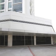 Exterior view of the entrance way of the building, commercial building, corporate headquarters, facade, property, real estate, white