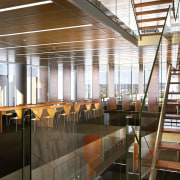 View of a stairway with glass balustrade inside architecture, daylighting, institution, interior design, white, brown