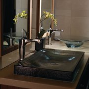 Image of bathroom by Kohler. - Image of bathroom, countertop, interior design, plumbing fixture, room, sink, black, brown