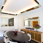 View of dining area, tiled flooring, dining table architecture, ceiling, daylighting, house, interior design, light fixture, real estate, table, white