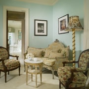 View of upholstered seating in the master bedroom. ceiling, chair, estate, floor, flooring, furniture, home, interior design, living room, room, table, wall, window, brown