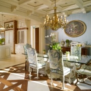 View of the formal dining room which features ceiling, dining room, estate, furniture, home, interior design, living room, room, table, brown