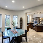 View of kitchen and dining area featuring glass ceiling, dining room, estate, home, interior design, living room, real estate, room, gray