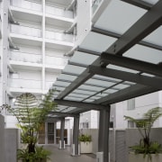 View of a two-storey maisonette which lines the architecture, condominium, daylighting, roof, structure, gray