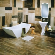 Image of bathroom designed by Architects and Designers bathroom, floor, flooring, hardwood, interior design, laminate flooring, living room, tile, wall, wood, wood flooring, brown