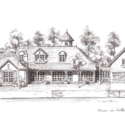 Architects drawing of French Provincial-style house which harness almshouse, black and white, cottage, drawing, elevation, estate, facade, farmhouse, home, house, manor house, property, residential area, sketch, tree, winter, white