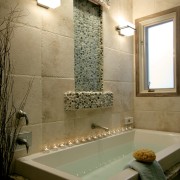 Image of bathroom which has beenn designed with architecture, bathroom, ceiling, floor, interior design, room, tile, wall, brown