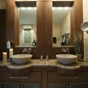 Image of bathroom which features two basins and bathroom, cabinetry, countertop, interior design, room, sink, brown