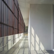 View of the Loggia zones which link the apartment, architecture, building, daylighting, facade, glass, handrail, house, line, structure, sunlight, wall, window, wood, gray