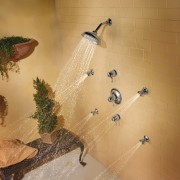 view of shower enclosure which features the showerheads fauna, tile, wall, orange, brown