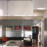 View of kitchen area a long kitchen island, architecture, ceiling, countertop, daylighting, house, interior design, kitchen, loft, room, gray