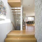 View of multiple stairways, one leading up to apartment, architecture, ceiling, daylighting, floor, flooring, hardwood, home, house, interior design, laminate flooring, loft, real estate, stairs, wood, wood flooring, gray