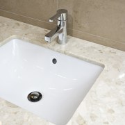 View of bathroom vanity with basin and tapware. bathroom, bathroom sink, ceramic, plumbing fixture, product design, sink, tap, white, brown