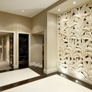 Interior view of the entrance way with carved ceiling, flooring, interior design, lobby, wall, orange, brown