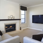 Image of GIB plasterboard products used on most fireplace, floor, flooring, hearth, home, interior design, living room, property, real estate, room, gray