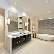 View of contemporary home with light-toned and beige bathroom, estate, interior design, real estate, room, sink, gray