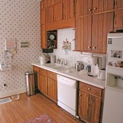 View of kitchen before the renovations. - View cabinetry, countertop, cuisine classique, floor, flooring, furniture, home, interior design, kitchen, real estate, room, wall, red, gray