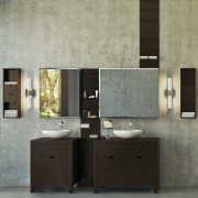 View of a bathroom which features solid wood bathroom, bathroom accessory, bathroom cabinet, floor, furniture, interior design, product design, sink, wall, gray, black