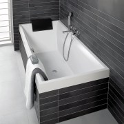 View of a bathroom which features a bathtub angle, bathroom, bathroom accessory, bathroom sink, bathtub, floor, plumbing fixture, product, product design, sink, tap, tile, white, black