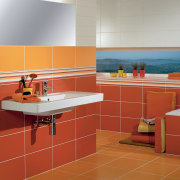 View of a bathroom which features products available bathroom, countertop, floor, flooring, furniture, interior design, kitchen, orange, product, product design, room, tile, wall, wood, wood flooring, red, gray