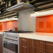 View of a cafe-styled kitchen which features CaesarStone cabinetry, countertop, interior design, kitchen, room, brown