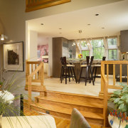 View of kitchen, glass; granite and stone countertops, ceiling, dining room, floor, flooring, hardwood, home, interior design, living room, lobby, real estate, room, wood, orange, brown