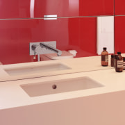 View of a bathroom designed by Ian Moore bathroom, countertop, floor, flooring, furniture, interior design, plumbing fixture, product design, sink, table, tap, tile, wall, orange, red