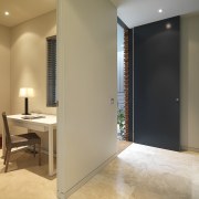 View of a small study near the front architecture, ceiling, door, floor, flooring, home, interior design, property, real estate, room, wall, orange, gray