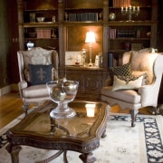 View of living area with exotic furnishings, original chair, coffee table, furniture, home, interior design, living room, room, table, brown, red