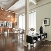 View of open-plan dining area with dark-stained timber ceiling, floor, flooring, furniture, hardwood, interior design, laminate flooring, living room, loft, table, wall, wood, wood flooring, gray, brown