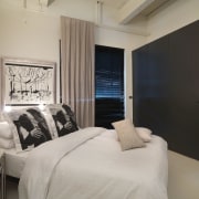 View of bedroom with light-stained timber flooring, corrugated bed frame, bedroom, ceiling, floor, home, interior design, property, real estate, room, suite, wall, window, gray, black