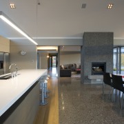 View of open-plan dining area with polished concrete apartment, architecture, countertop, house, interior design, kitchen, real estate, gray