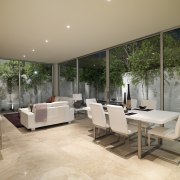 View of open-plan living and dining area with architecture, estate, floor, flooring, house, interior design, living room, property, real estate, table, orange, brown