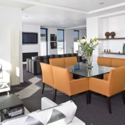 View of the open-plan dining and kitchen area apartment, interior design, living room, property, real estate, white