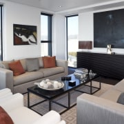 View of the large living area which features home, interior design, living room, penthouse apartment, property, real estate, room, suite, gray