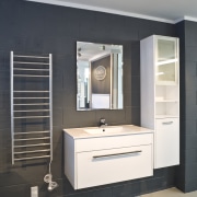 View of a bathroom vanity available from Apollo bathroom, bathroom accessory, bathroom cabinet, cabinetry, interior design, product design, room, sink, gray, black